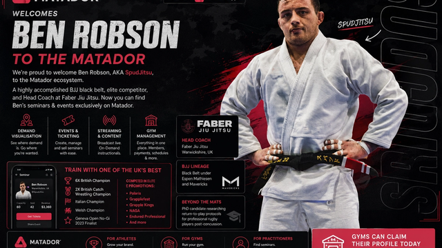 Promotional graphic announcing Ben Robson, also known as SpudJitsu, joining the Matador combat sports platform. The image features Ben Robson in a white Brazilian Jiu-Jitsu gi with black belt, alongside Matador branding and information highlighting his achievements including 6x British Champion, Polaris competitor, Head Coach at Faber Jiu Jitsu, and upcoming seminars and events available through the Matador app.