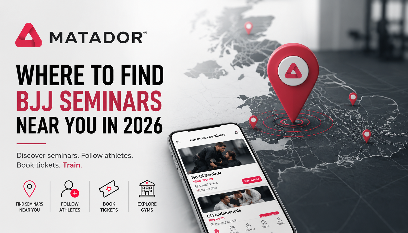 Discover how to find BJJ seminars near you, including Brazilian Jiu-Jitsu seminars, No Gi workshops, wrestling clinics and MMA grappling events. Learn how athletes, gyms and practitioners use Matador to discover, promote and organize combat sports seminars worldwide.