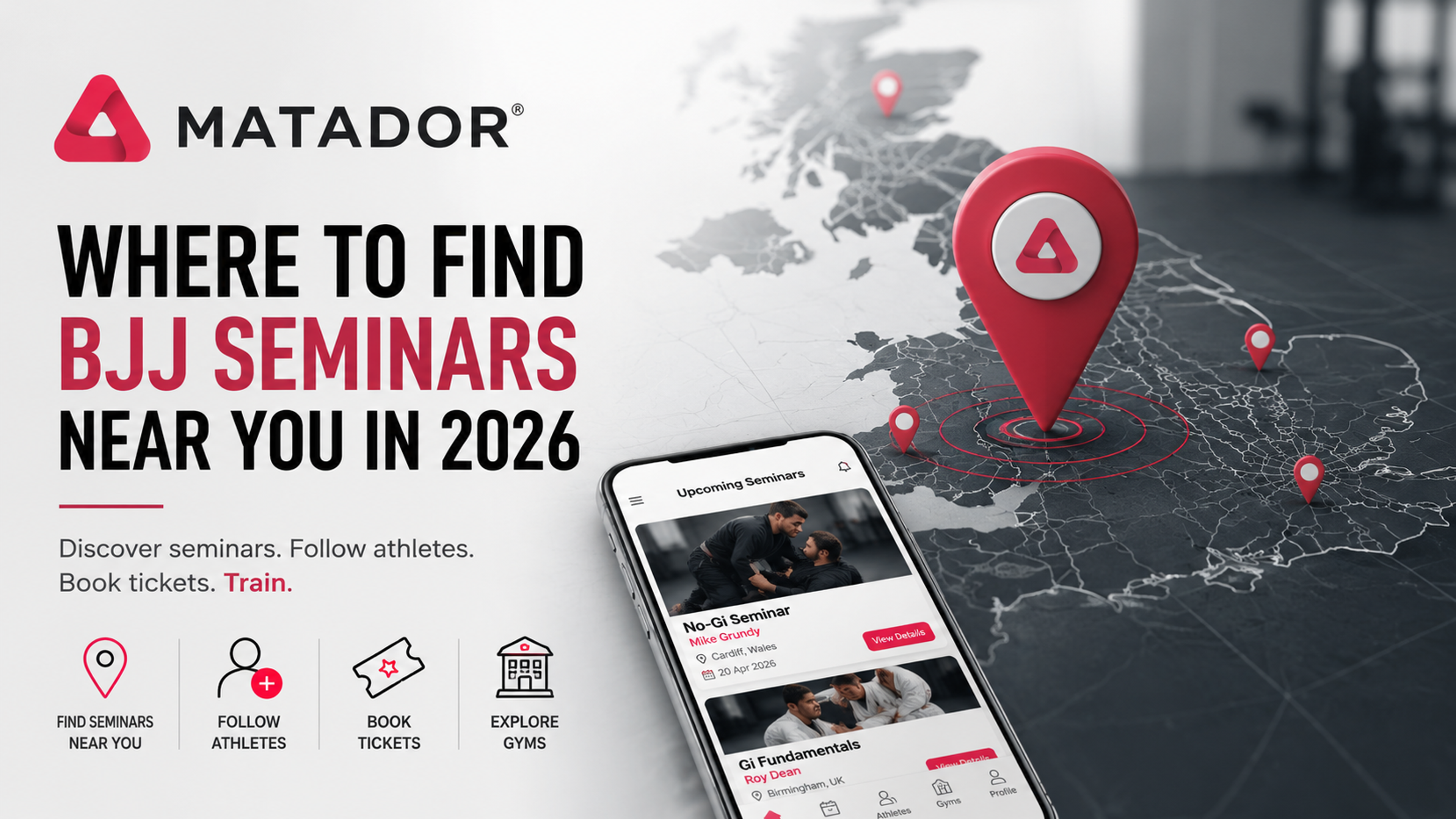 Discover how to find BJJ seminars near you, including Brazilian Jiu-Jitsu seminars, No Gi workshops, wrestling clinics and MMA grappling events. Learn how athletes, gyms and practitioners use Matador to discover, promote and organize combat sports seminars worldwide.