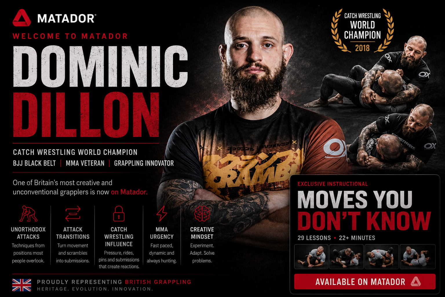 Dominic Dillon, Catch Wrestling World Champion, Brazilian Jiu-Jitsu black belt and MMA veteran featured on the Matador platform. Promotional graphic highlighting his seminars, athlete profile and Moves You Don't Know instructional available through Matador.