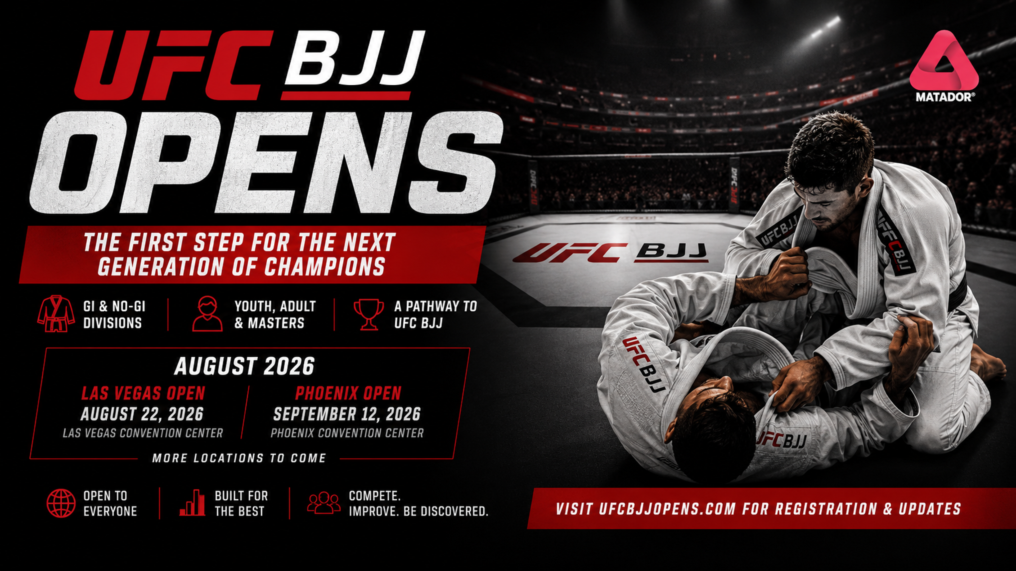 UFC BJJ Opens 2026 promotional graphic showing Brazilian Jiu-Jitsu competitors, UFC BJJ tournament branding, event dates, divisions and pathway to professional grappling.