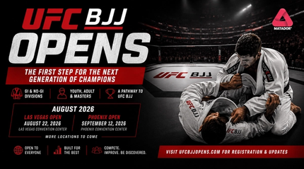 UFC BJJ Opens 2026 promotional graphic showing Brazilian Jiu-Jitsu competitors, UFC BJJ tournament branding, event dates, divisions and pathway to professional grappling.