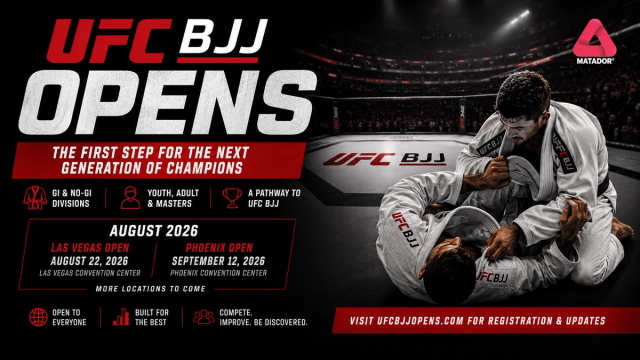 UFC BJJ Opens 2026 promotional graphic showing Brazilian Jiu-Jitsu competitors, UFC BJJ tournament branding, event dates, divisions and pathway to professional grappling.