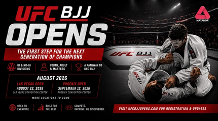 UFC BJJ Opens 2026 promotional graphic showing Brazilian Jiu-Jitsu competitors, UFC BJJ tournament branding, event dates, divisions and pathway to professional grappling.