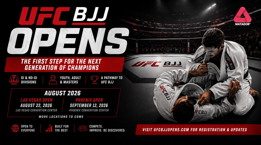 UFC BJJ Opens 2026 promotional graphic showing Brazilian Jiu-Jitsu competitors, UFC BJJ tournament branding, event dates, divisions and pathway to professional grappling.