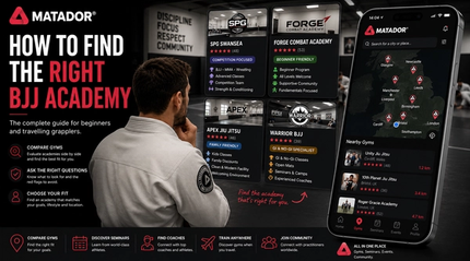 Practitioner comparing Brazilian Jiu-Jitsu academies and using the Matador gym map to find the right BJJ gym based on training goals, location and academy culture.