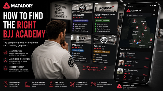 Practitioner comparing Brazilian Jiu-Jitsu academies and using the Matador gym map to find the right BJJ gym based on training goals, location and academy culture.