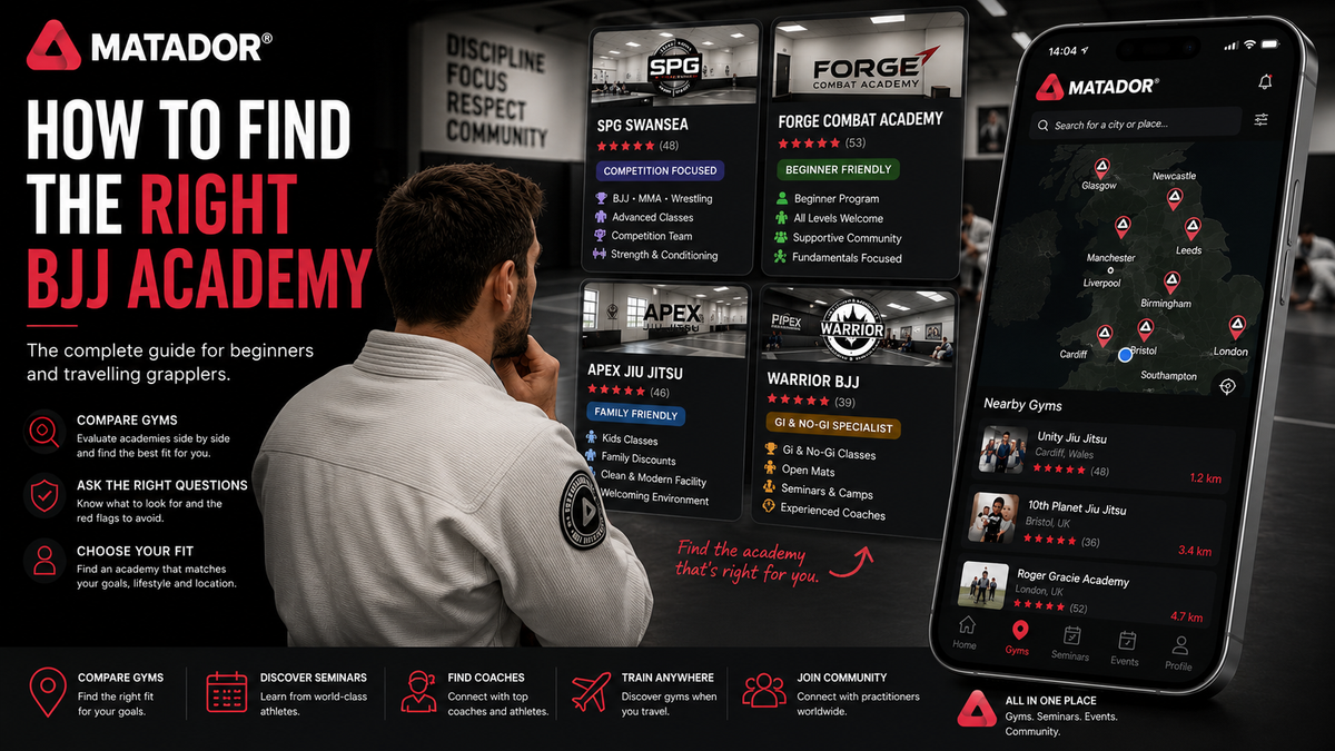 Practitioner comparing Brazilian Jiu-Jitsu academies and using the Matador gym map to find the right BJJ gym based on training goals, location and academy culture.