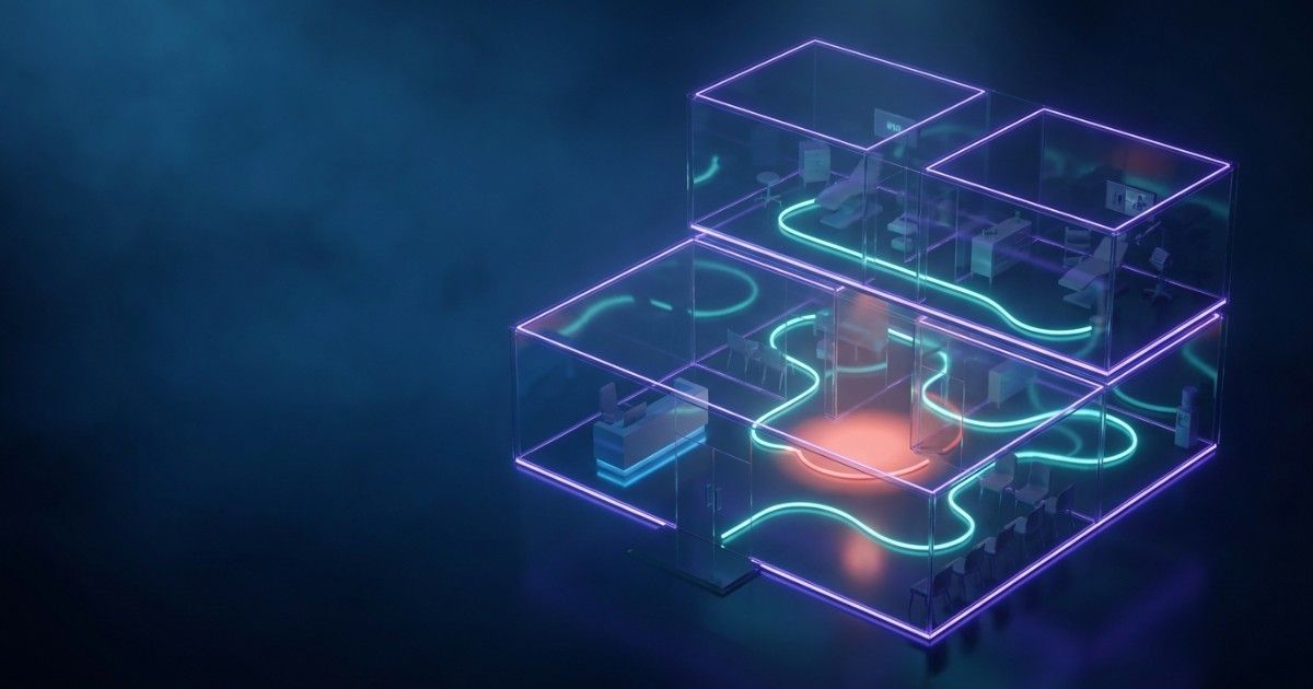 Glass clinic model with glowing patient paths and one highlighted hold-up: workflow visibility to cut waiting time