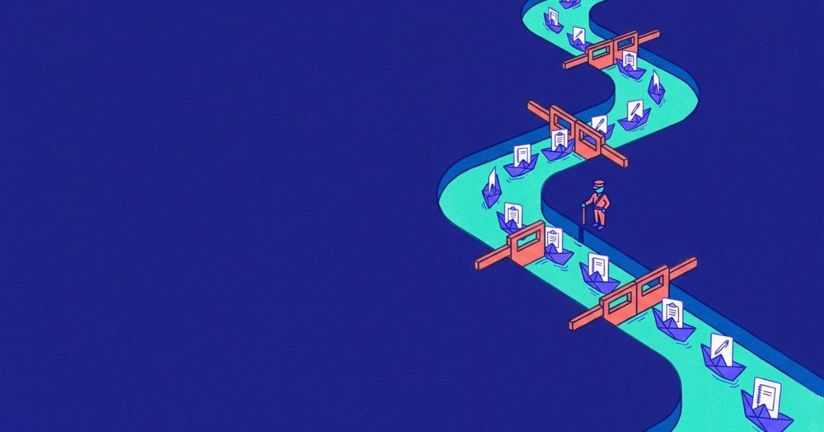 Paper boats carrying task cards through canal locks guided by a lock-keeper: provider workflows and handoffs