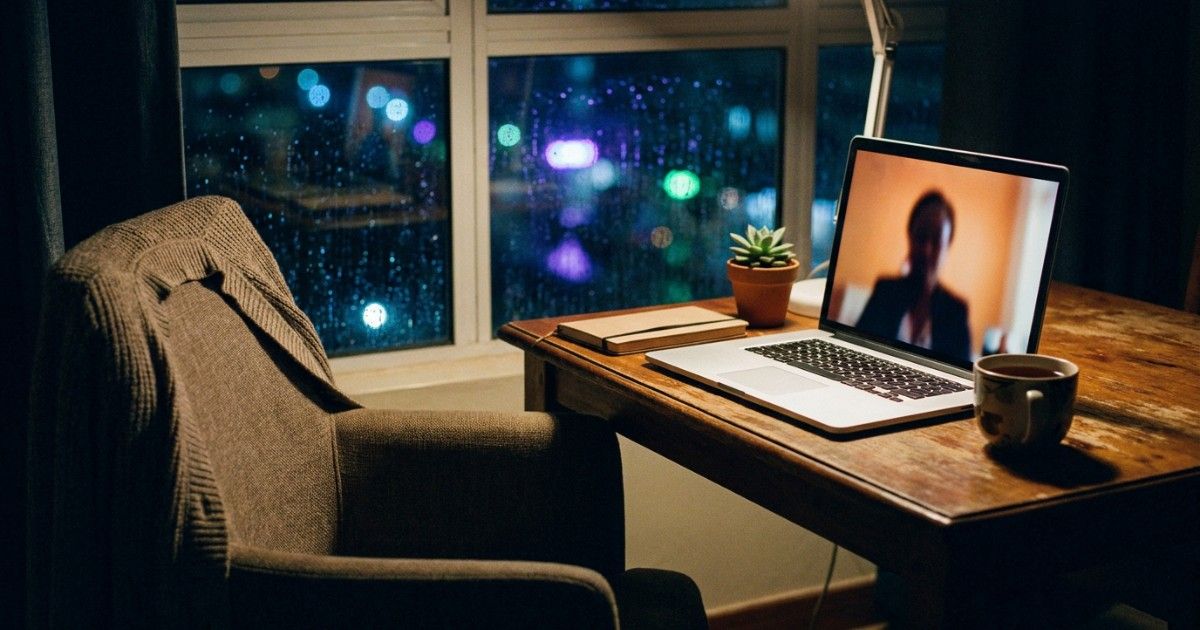 Rainy-evening apartment with a laptop video call and an empty armchair: choosing teletherapy software