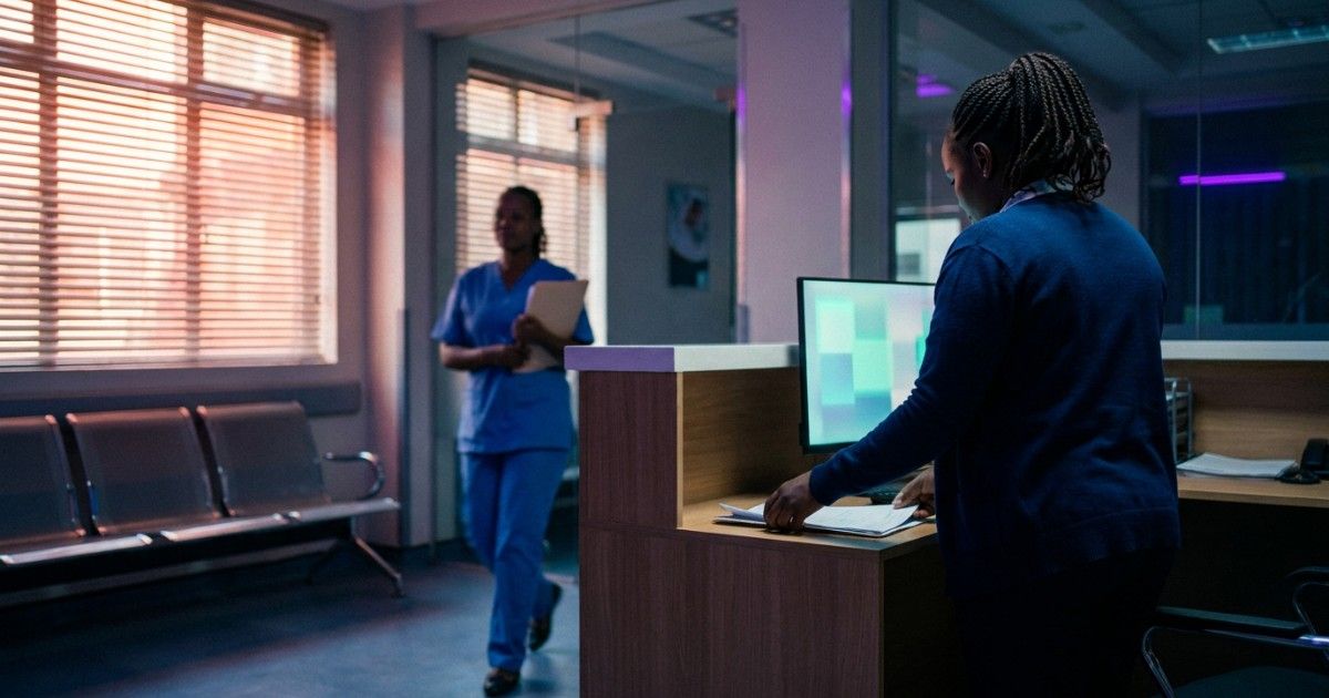 Front-desk staff preparing a calm Nairobi clinic reception at dawn: healthcare practice management operations