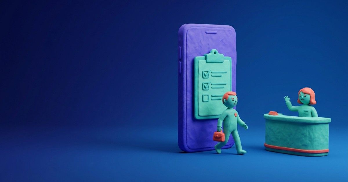 Clay patient stepping from a phone showing an intake form towards a waving receptionist: digital patient intake
