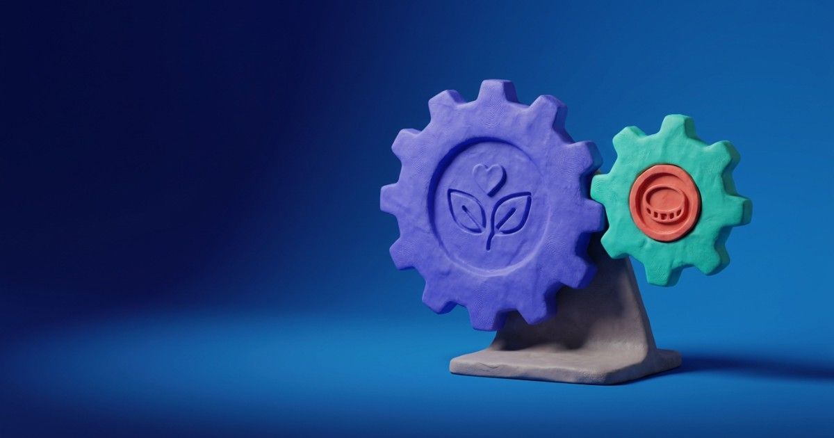Two clay gears, one with a leaf-and-heart icon and one with a coin, turning together: outcomes and finances