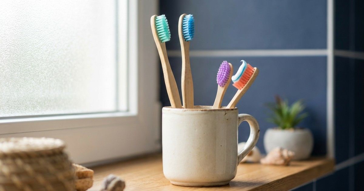 Family of different-sized toothbrushes in a ceramic cup on a sunny windowsill: preventive dental care for families