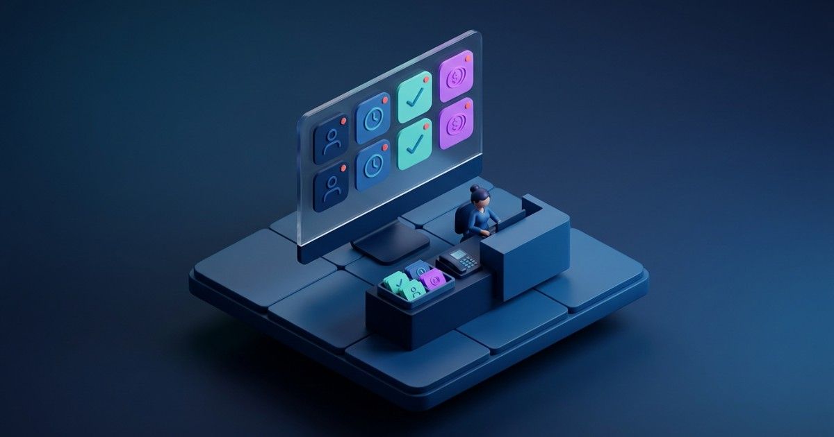 Isometric front desk facing a screen of status icon cards: a clinic front desk dashboard built for action