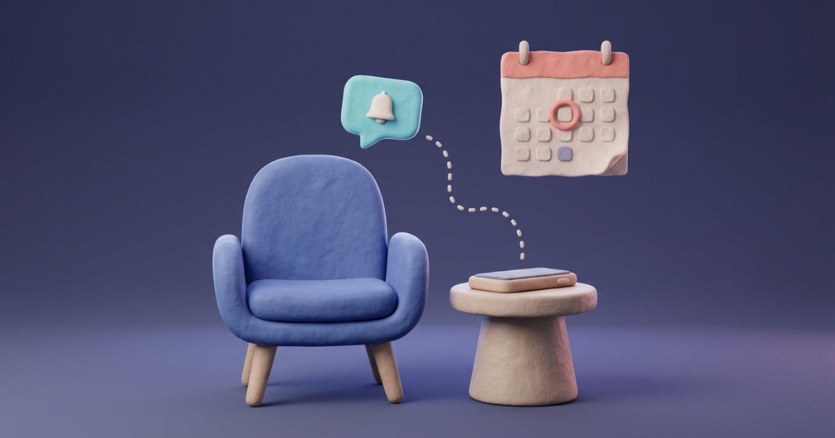 Clay armchair with one gentle reminder bubble and a calendar: reducing no-shows without overwhelming clients