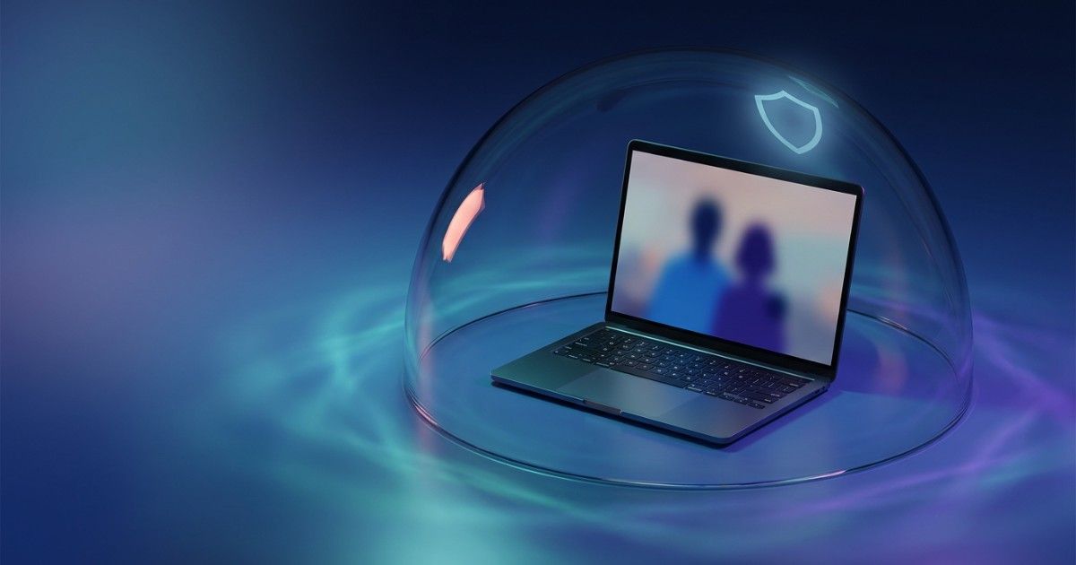 Laptop with a video call protected inside a glass dome with a shield icon: secure, compliant teletherapy workflows