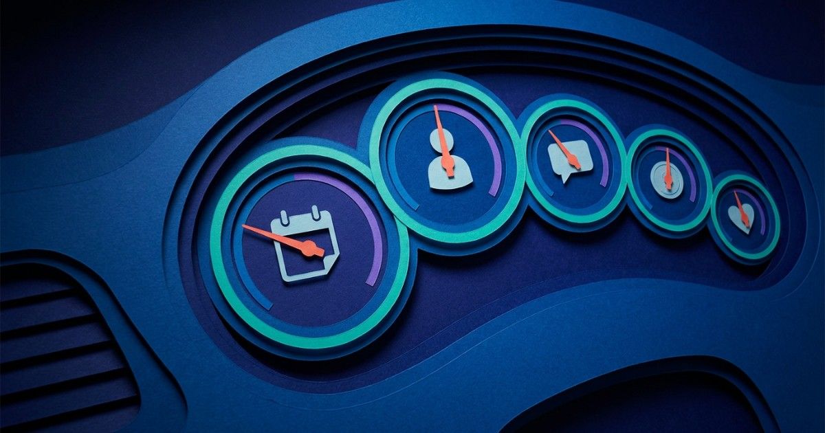 Paper-cut dashboard of gauges with calendar, client, chat, coin and heart icons: mental health clinic KPIs