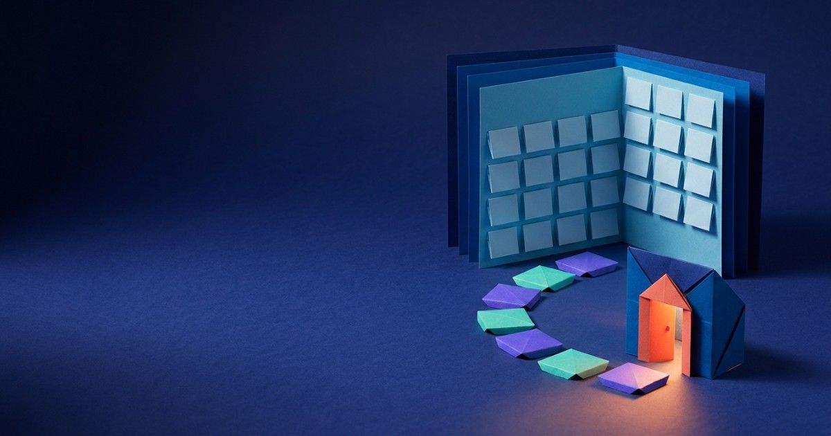 Origami calendar opening into stepping stones that lead to a glowing clinic door: digital scheduling for patients