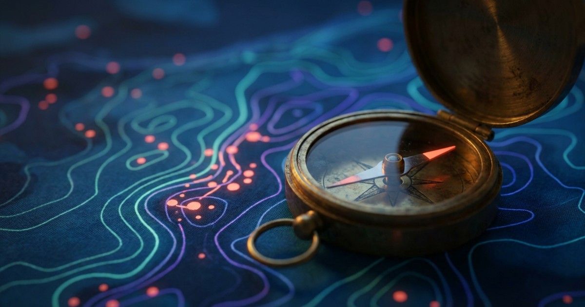 Brass compass on a glowing contour map: outcome dashboards guiding quality of care in mental health clinics