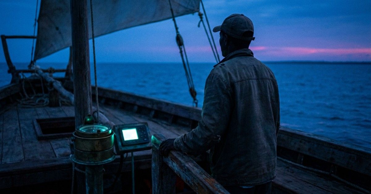 Dhow captain off the Kenyan coast at dusk beside a glowing compass: clinical judgement guiding digital risk signals