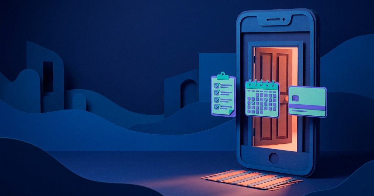 Paper-cut phone whose screen is an open door, with form, calendar and card icons: a clinic's digital front door