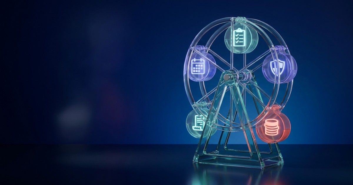 Glass Ferris wheel whose gondolas hold calendar, form, shield, receipt and coin icons: the clinic revenue cycle