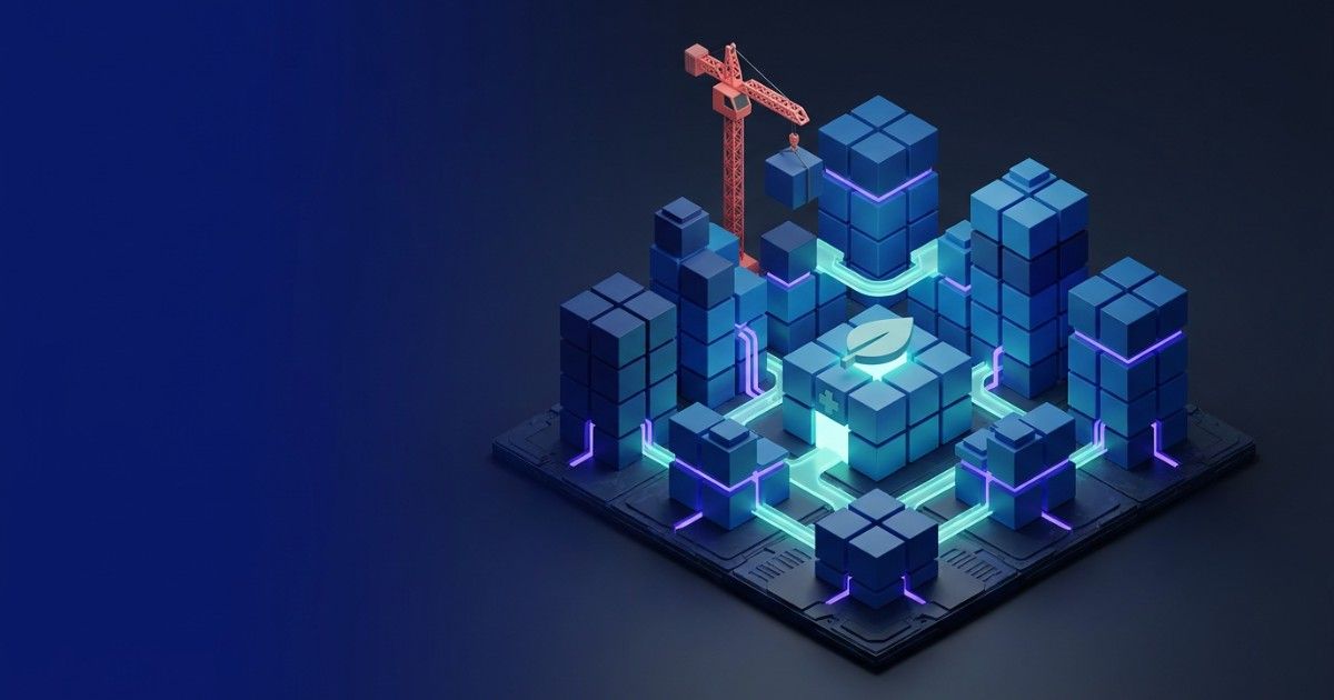 Isometric city built from uniform data blocks around a leaf-topped clinic: structured data powering mental healthcare