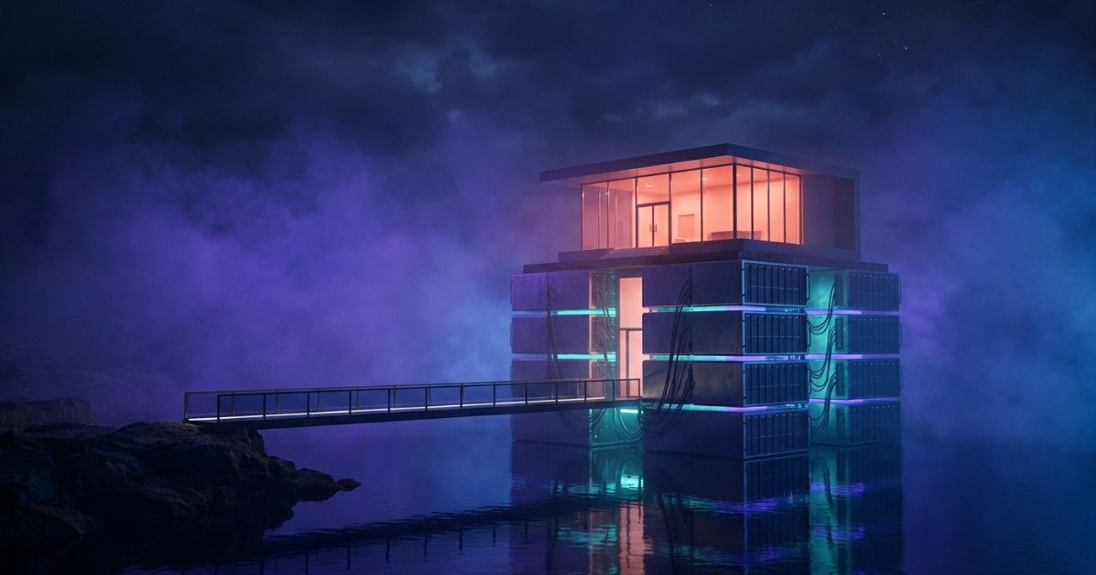 Glowing clinic standing on a foundation of server racks in calm water: secure infrastructure for mental healthcare