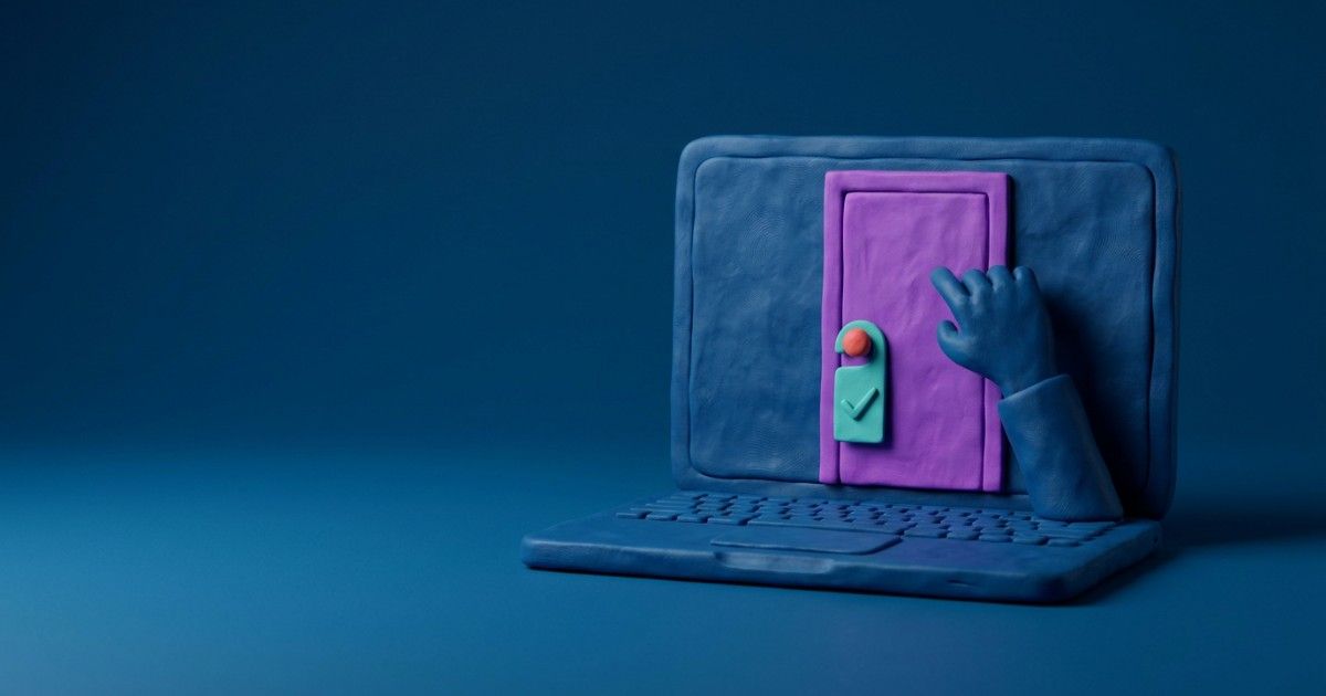 Clay laptop with a door on screen and a hand knocking first: telehealth consent before a virtual session