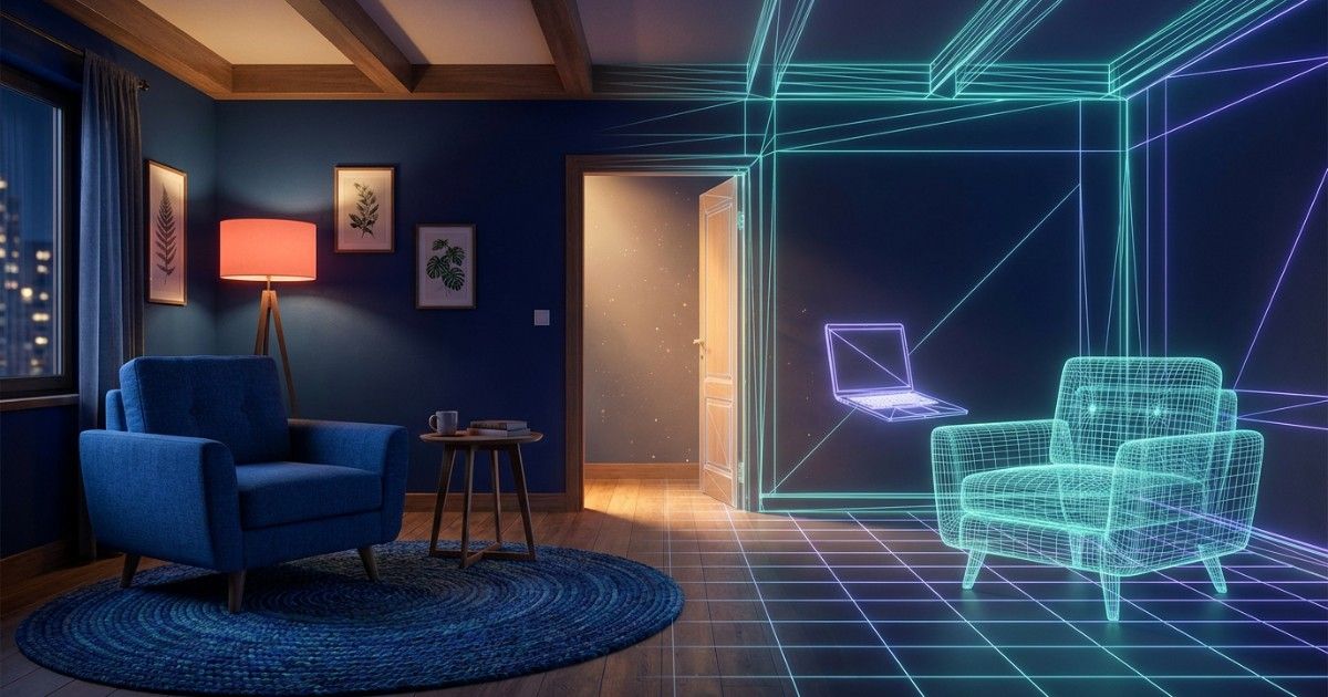 Therapy room half real, half glowing wireframe, joined by a doorway: hybrid in-person and virtual care workflows