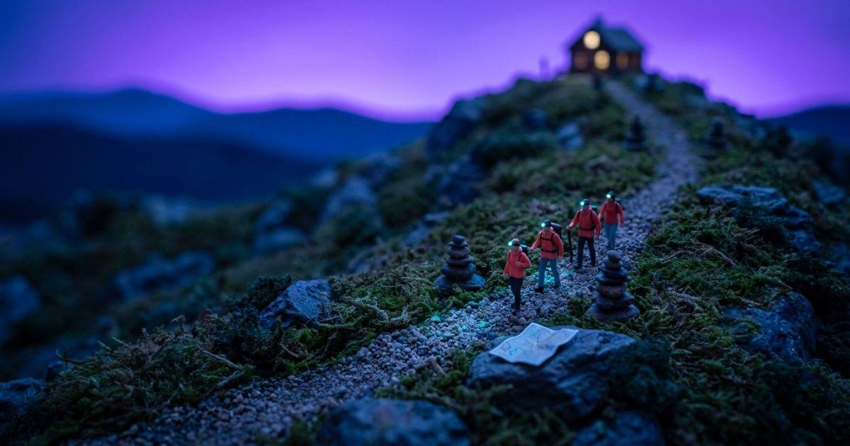 Miniature hikers on a trail with cairns marking progress to a lit hut: treatment plans that track real progress