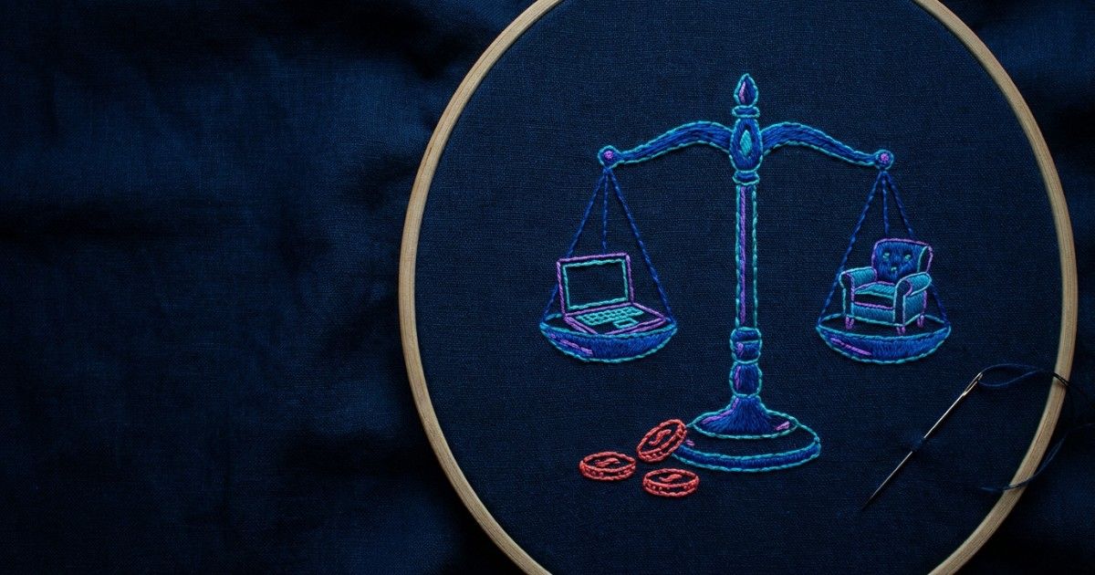 Embroidered balance scale weighing a laptop against an armchair: a fair teletherapy billing policy