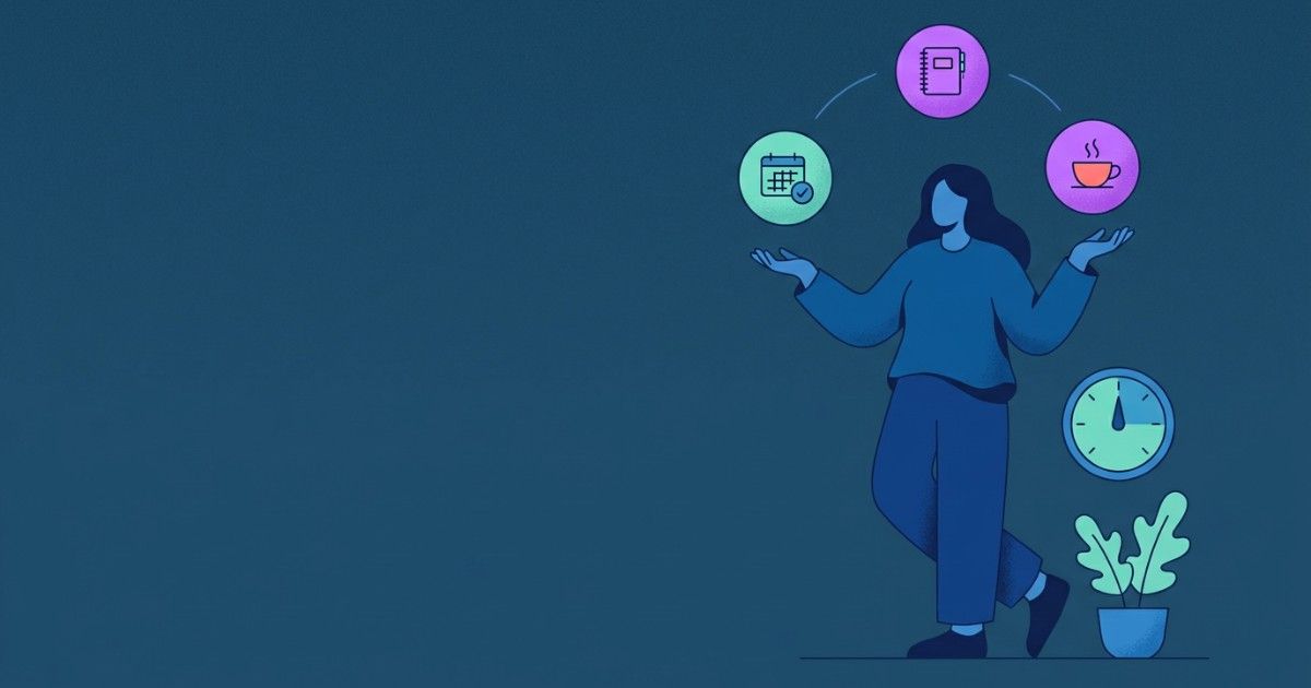 Calm therapist juggling calendar, notebook and teacup icons with ease: fair provider productivity dashboards