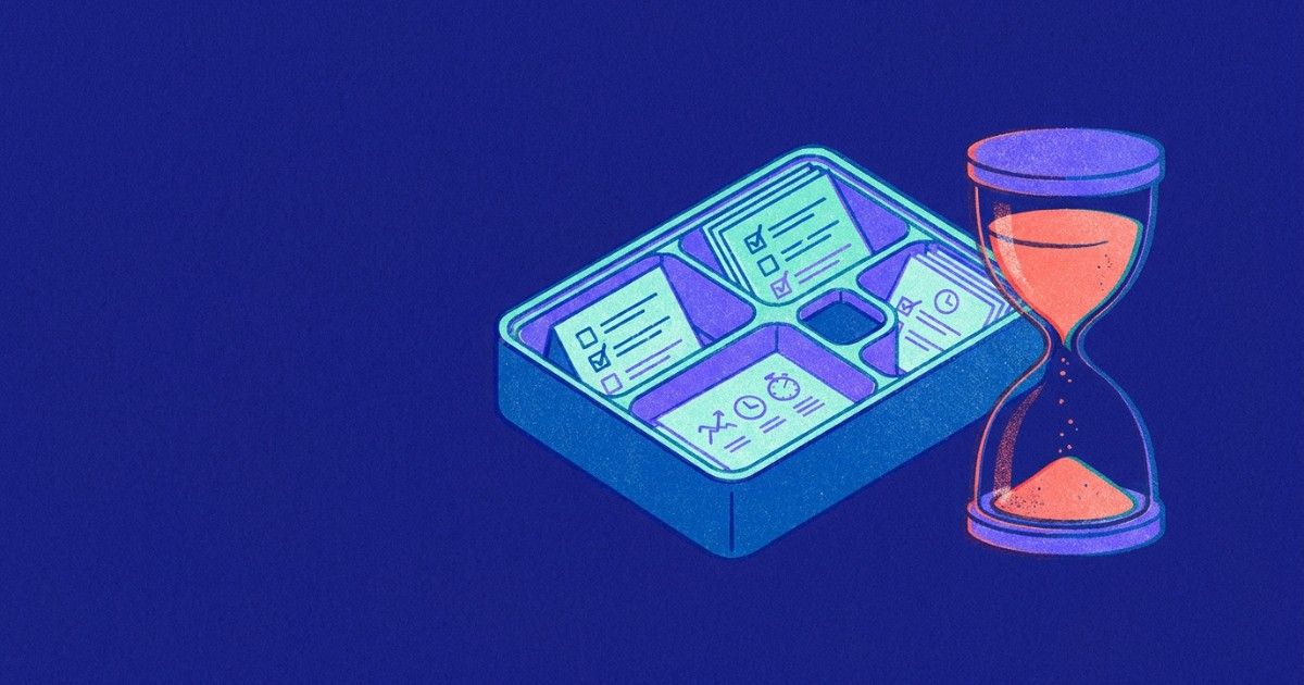 Risograph bento tray of tidy template notes beside an hourglass: structured notes saving therapists time