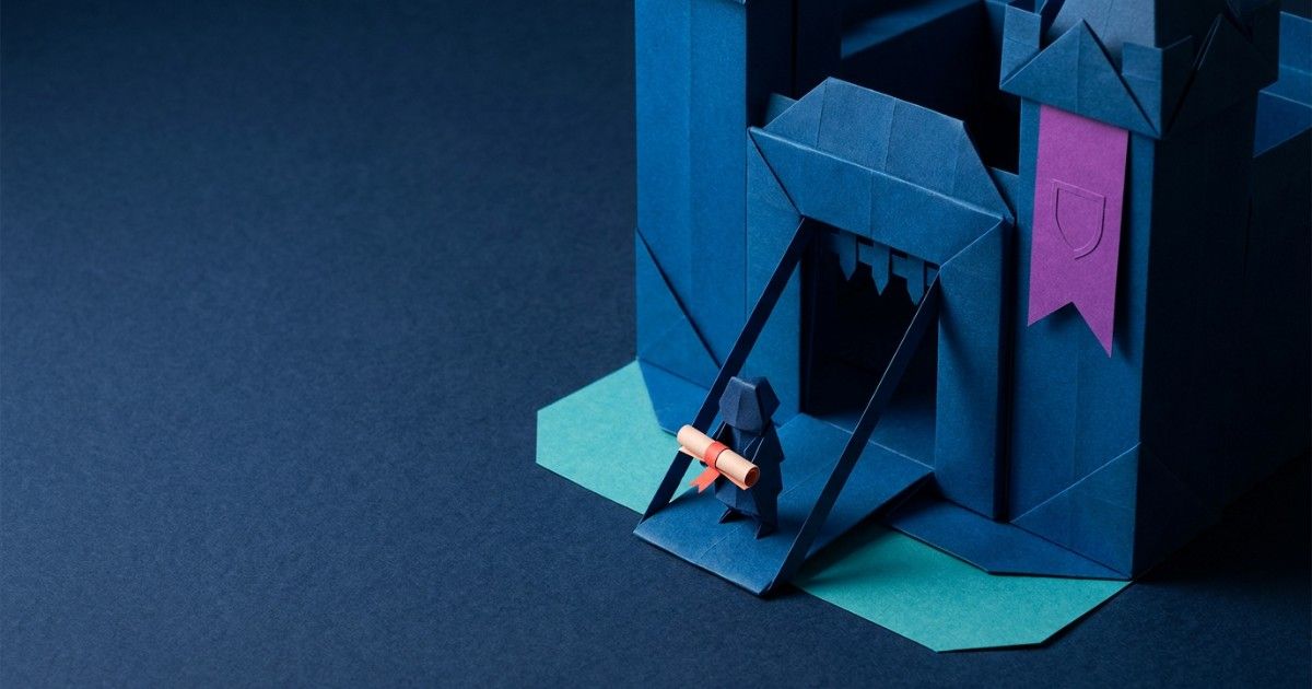 Origami castle with a shield banner as a paper figure carries a scroll over the drawbridge: clinic compliance and security
