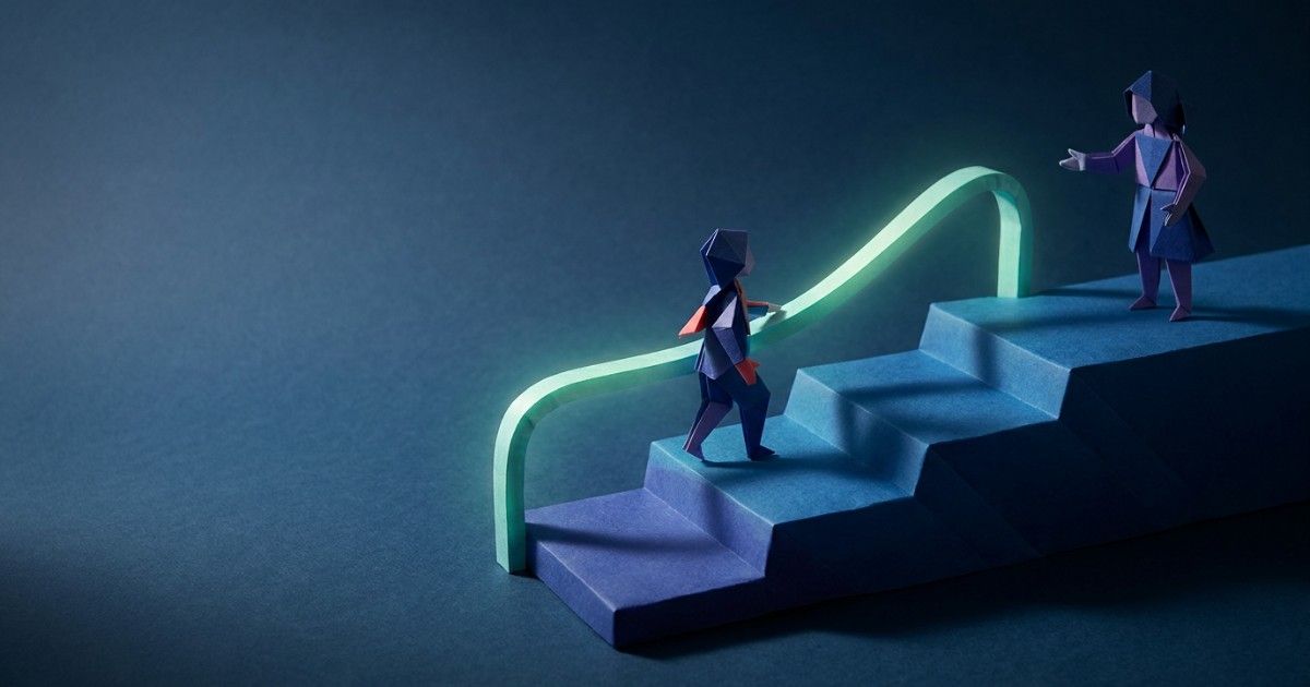 Origami figure climbing gentle steps with a glowing handrail towards a welcoming hand: safer risk monitoring