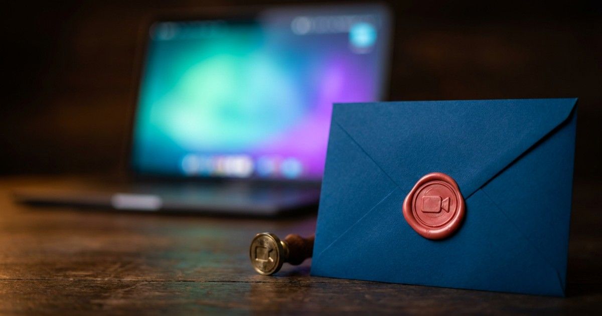 Envelope closed with a wax seal stamped with a video camera icon: secure teletherapy session links
