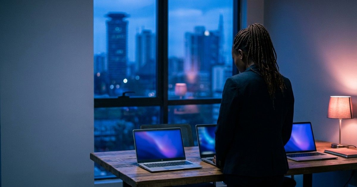 Clinic manager in a Nairobi office at dusk comparing three laptops: choosing mental health EHR software in Kenya
