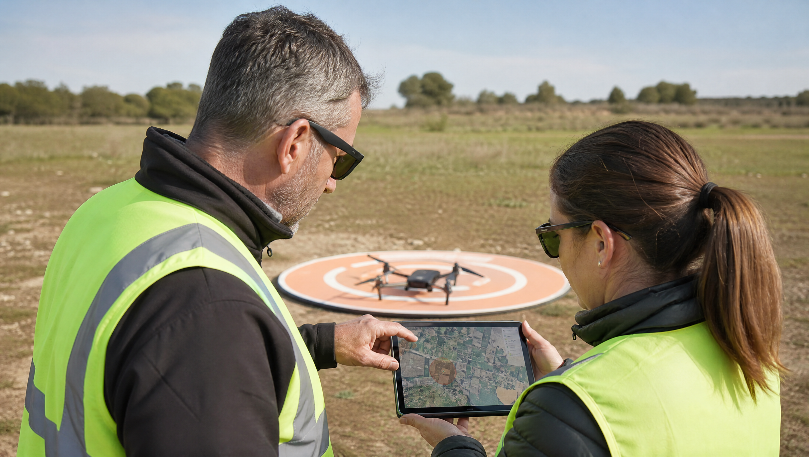 Instructor y alumna revisando la planificación de una práctica de vuelo con drones