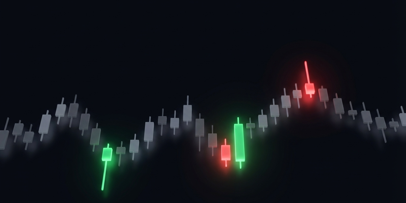 hypothetical chart showing a technical analysis setup with different candlestick patterns highlighted. 
