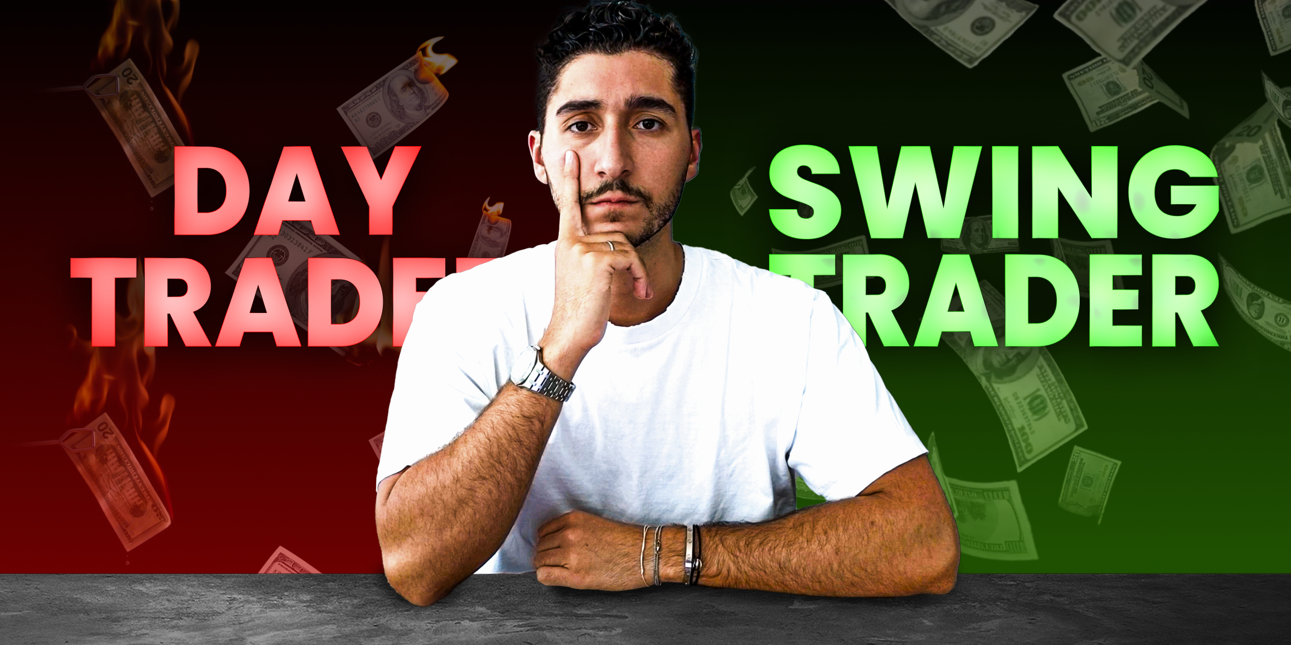 Trader contemplating choice between day trading and swing trading with money background representing swing trading vs day trading decision