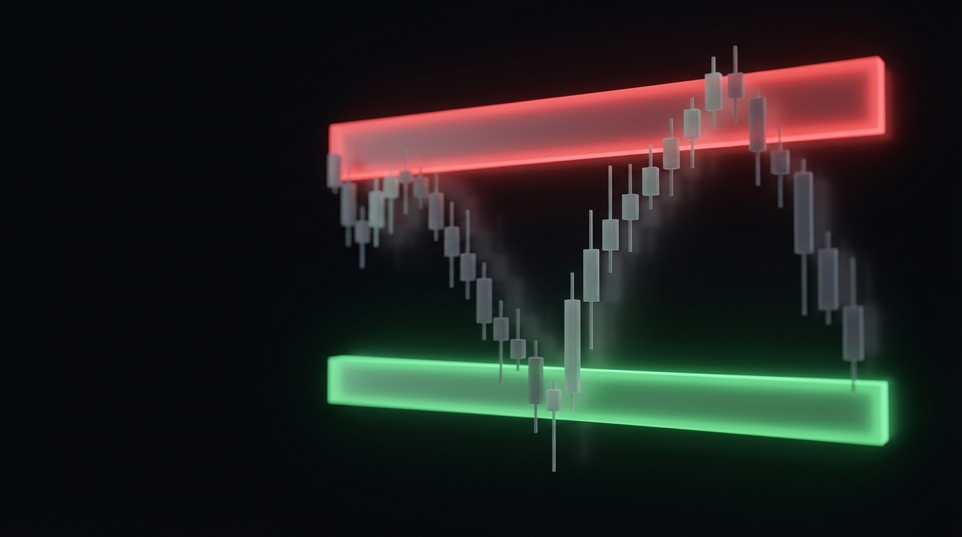 supply and demand trading zones on a futures chart showing price bouncing off a green demand zone and reversing at a red supply zone