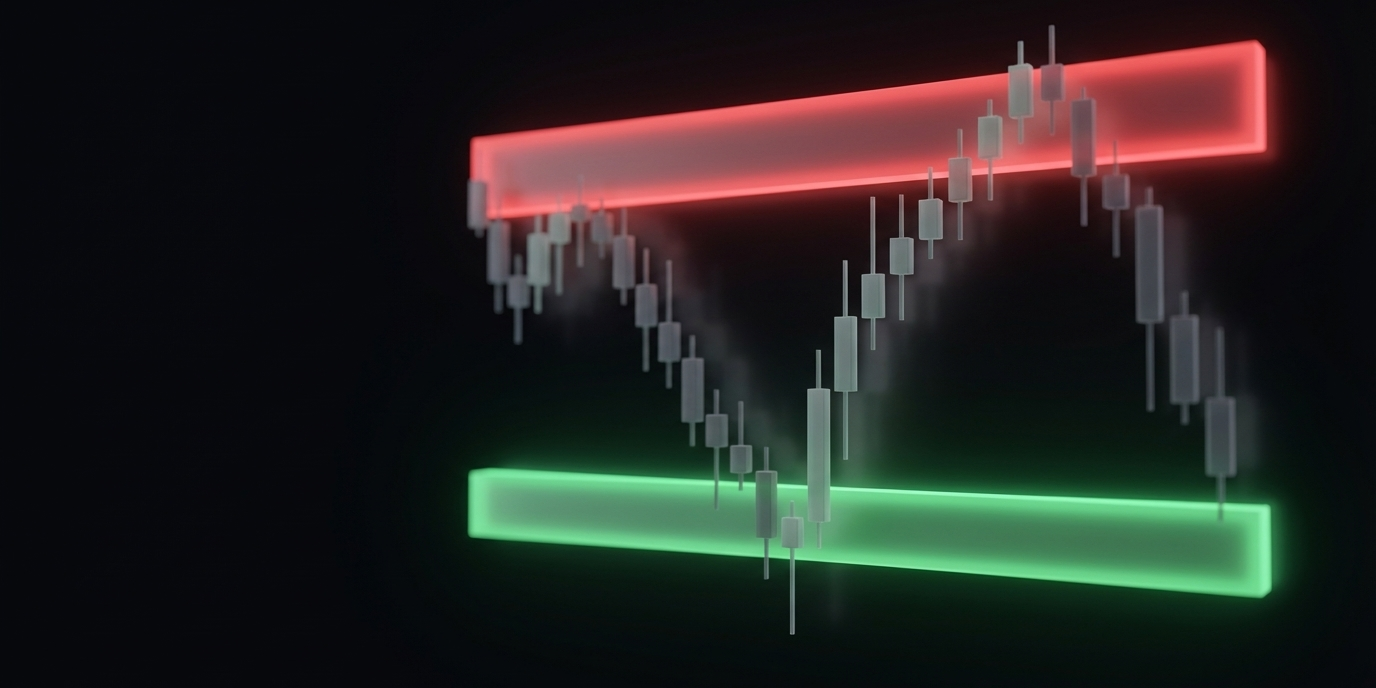 supply and demand trading zones on a futures chart showing price bouncing off a green demand zone and reversing at a red supply zone
