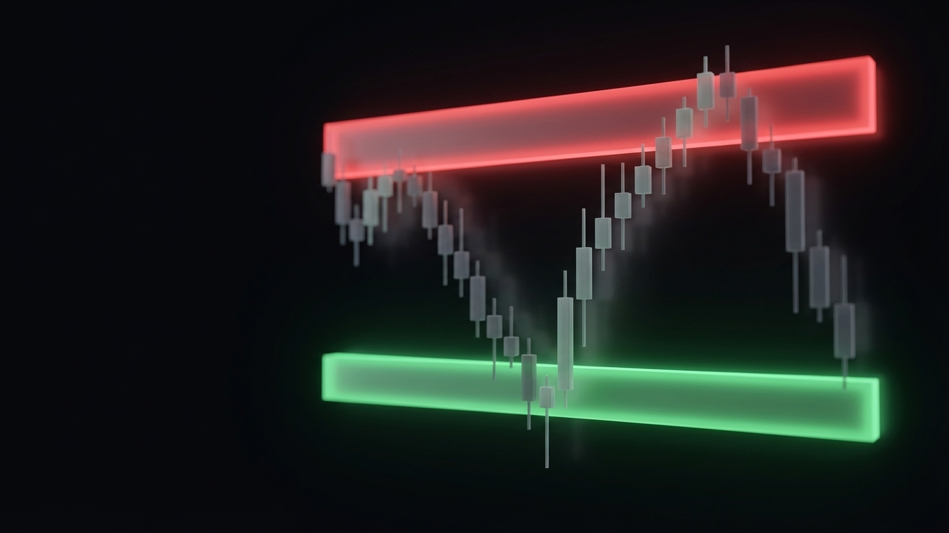 supply and demand trading zones on a futures chart showing price bouncing off a green demand zone and reversing at a red supply zone