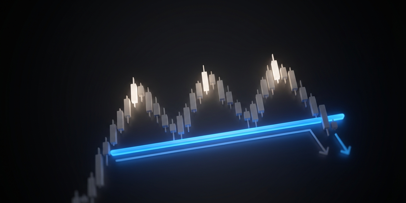 triple top pattern — three peaks at resistance with neckline break showing bearish reversal setup on a futures chart