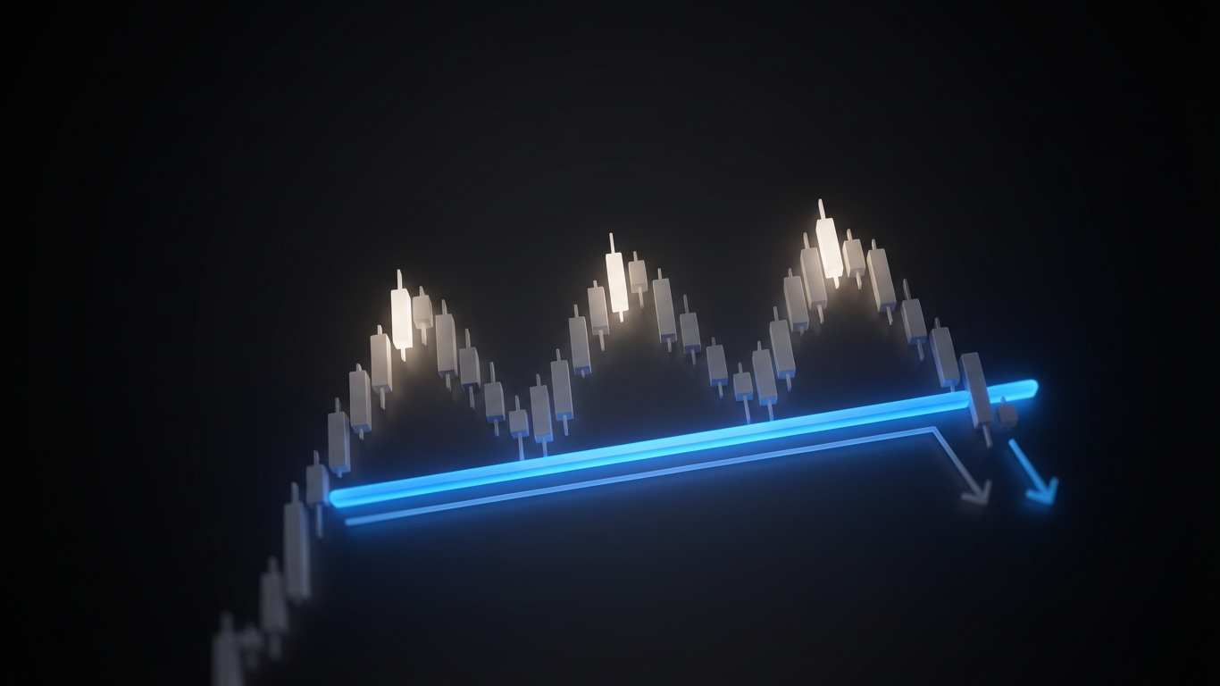 triple top pattern — three peaks at resistance with neckline break showing bearish reversal setup on a futures chart