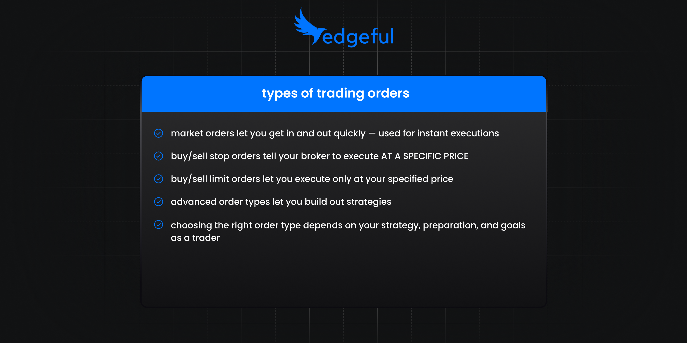 comprehensive trading order types comparison chart showing market orders, limit orders, stop orders, and advanced order types for futures traders
