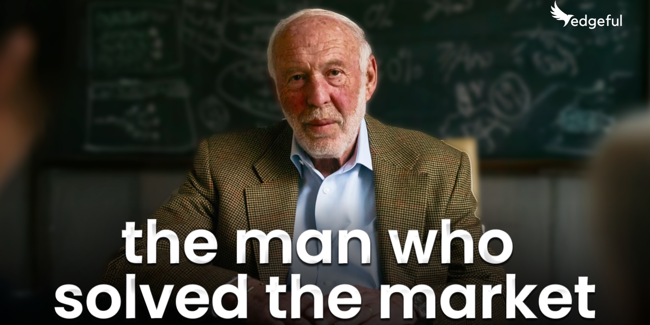 im Simons portrait with text 'the man who solved the market' - founder of Renaissance Technologies and creator of the most successful systematic trading strategy in hedge fund history